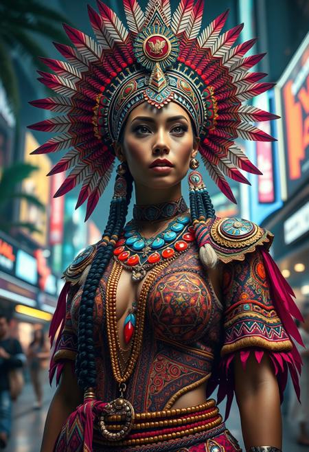 masterpiece, perfect anatomy, 32k UHD resolution, best quality, realistic photo, professional photography, highly details, depth of filed, (woman:1.3), clean eyes, futurism, (Mayan-inspired priestess costume with intricate patterns, feathers, and ceremonial elements), Pixel Plaza Paradise, Plazas adorned with pixel art designs, forming a colorful and lively urban paradise, Tranquil Tech Tapestry, Weaving a tranquil tapestry with threads of futuristic technology, cowboy shot, cinematic angle, dramatic lights