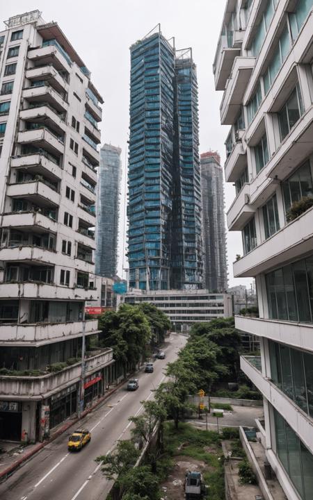 Chongqing, cyberpunk dystopia, very tall buildings, bridges, sidewalks connecting buildings, view from roof, plants