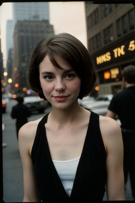 KateBeckinsaleLDOD, ((1980s photograph, soft blush, pale skin, sleek hair, black dress with square neckline)), Century Camera Co. Studio, 160mm f/8, 1/10s, ISO 25, ((tintype)), smile, big eyes, doe-eyed, (analog, film, film grain:1.4), ((outside Studio 54, disco, night, gritty Manhattan street))