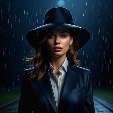Ultra realistic color pencil  image of a woman in a business suit with a wide brimmed hat, standing in a torrential rain.
BREAK
Deep dark intense midnight blue misty background, Dark theme, dynamic lighting, (soft shadows), (soft focus), (photo realistic), uhd, 8k