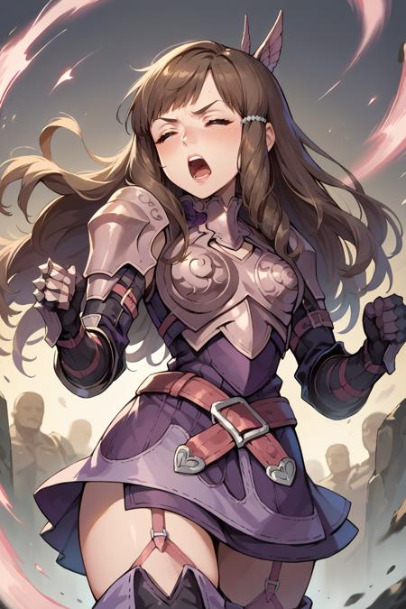 sumia, brown hair, brown eyes wing hair ornament, purple dress, short dress, belt, armored dress, pink armor, gauntlets, garter straps, thigh boots