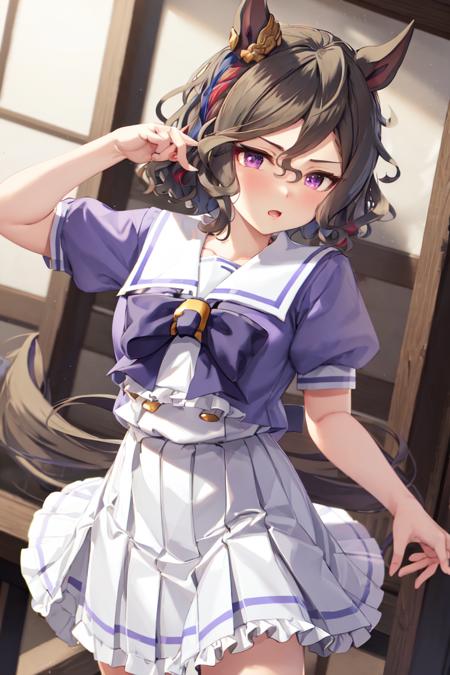 masterpiece, best quality,
tap dance city \(umamusume\),
ear ornament, tracen school uniform, summer uniform, serafuku, puffy short sleeves, purple bowtie, horseshoe ornament, sailor collar, sailor shirt, purple shirt, white skirt, pleated skirt, frilled skirt, 
<lyco:tap_dance_city_loha-000010:0.7>