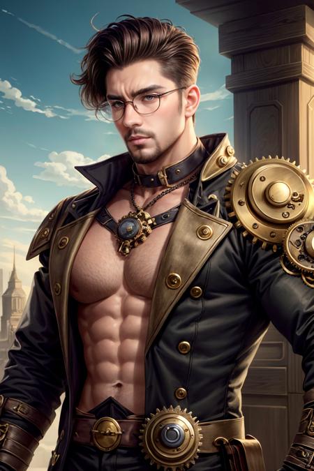 realistic, masterpiece, best quality, cinematic, dynamic lighting, soft shadow, highest detail, professional photography, detailed background, depth of field, insane details, intricate, aesthetic, detailed face, subsurface scattering, realistic hair, realistic eyes, 1boy, muscular, manly, (large pectorals:1), portrait photo of a handsome man wearing intricate steampunk style fantasy clothes, (steampunk fantasy city), sky, brown hair, facial hair, upper body, brass cogs and gears, glasses, looking at viewer,