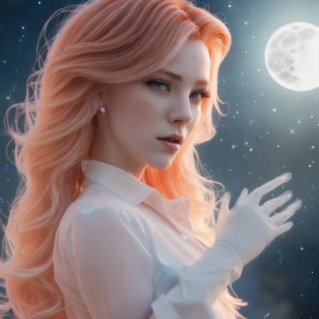 hair red gradient blonde, night sky, detailed face, face focus, shiny skin, game cg, nigh sky, moonlight, moon, white gloves, polish dress shirt glitter glass, Intricate Surface Detail, Crystal Core , Ethereal Fantasy, Realistic, Fiction, Full-HD, 8K Photo, HD,