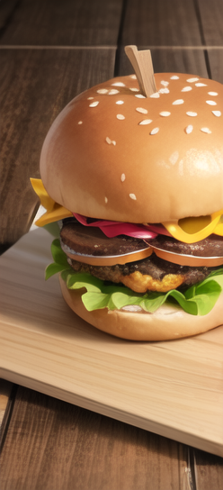 Chicken burguer,<lora:FoodAssets-15:0.65>,luxurious wooden table background