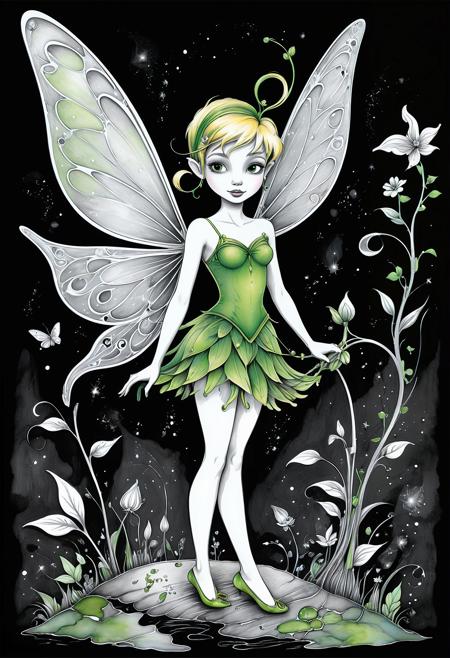 Tinkerbell, in the style of illustrative pen and ink, eerie whimsy, youthful protagonists, sensitive characterization
