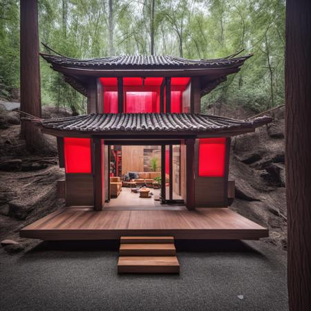 photo of a small cozy modern siheyuan in red woods on a mountain