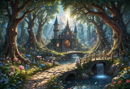 (Isekai anime style.Anime coloring.(0.9))In a whimsical world, a beautiful fairy garden blooms with vibrant flowers and sparkling fountains. A delicate, crystal bridge spans a gentle stream, leading to a majestic tree with leaves that shimmer like diamonds. A friendly, fluffy rabbit hops along the winding path, surrounded by fluttering butterflies and sweet, singing birds. The garden is filled with hidden treasures, like a tiny, glowing fairy door and a secret, shimmering cave. A soft, fluffy cloud drifts lazily across the sky, casting a warm, gentle shadow over the garden. The air is filled with the sweet scent of blooming flowers and the soft, soothing sound of gentle chimes. It's a peaceful, magical place where dreams come alive and wonder waits around every corner.master_class,master_piece,up_8,up_9,perfect beautiful,perfect beautiful early morning light.