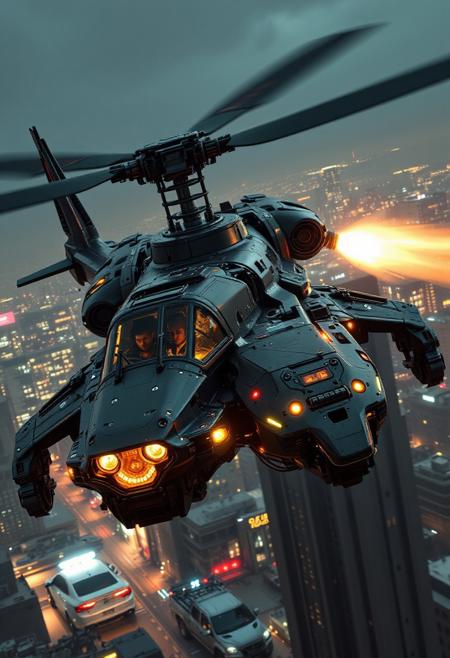 in the style of ck-mgs, A digital artwork in the style of cknc, a_skynet_cyberdyne_craft, the image is featuring a futuristic, highly advanced attack helicopter moving rapidly in the air above a cyberpunk city at night. The hull is made of a dark gunmetal alloy with rivets, bolts, glowing LEDs and diodes, and the helicopter has large guns mounted on the exterior; the cockpit shows glowing led lights, and has a large air intake, motion blur on the propellor blades (black with yellow highlights), two-man crew visible through the cockpit window