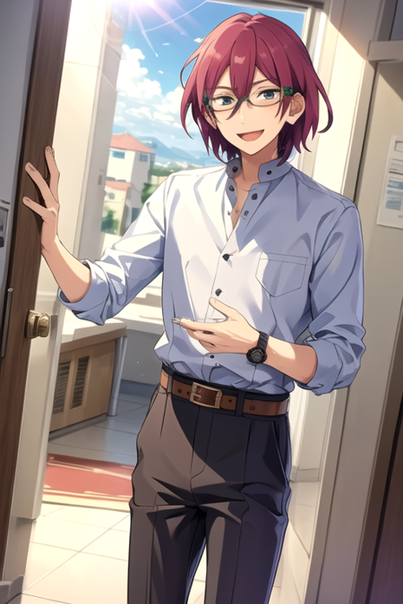 <lora:Ibara-04:0.8>,ibaraes, looking at viewer, smile, open mouth, shirt, holding, hair between eyes, white shirt, purple hair, sky, glasses, collared shirt, belt, pants, indoors, lens flare, watch, wristwatch, brown belt, brown pants