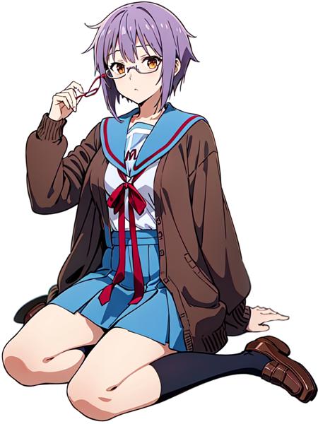 masterpiece, best quality, ultra-detailed, illustration,
kita high school uniform, 1girl, school uniform, solo, nagato yuki, serafuku, skirt, winter uniform, sailor collar, blue sailor collar, short hair, blue skirt, cardigan, purple hair, glasses, open clothes, open cardigan, socks, shoes, red ribbon, kneehighs, brown eyes, ribbon, holding book, full body, brown cardigan, long sleeves, simple background, white background,
<lora:kitakouseifuku:0.8>