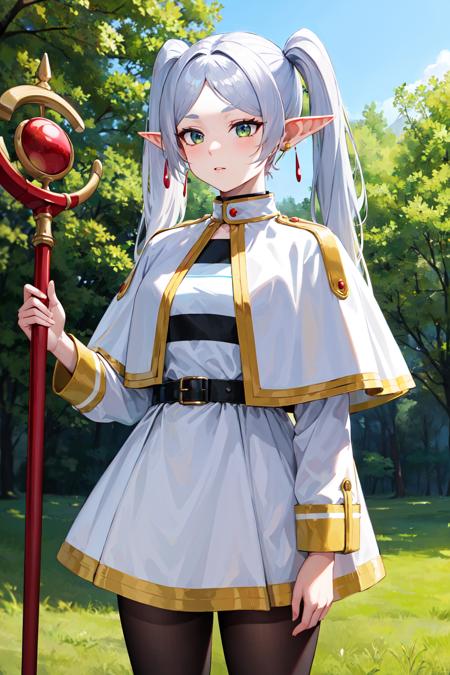 masterpiece, best quality, highres, aafrie, long hair, white hair, twintails, pointy ears, earrings, thick eyebrows, white capelet, striped shirt, long sleeves, belt, white skirt, black pantyhose , <lora:frieren_v1:0.7>, standing, cowboy shot, outdoors, holding staff,