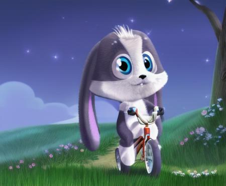 <lora:SSBunnu-v3_furryrock:1>schnuffel, Furry, Anthro, bunny, cub, solo, small body, plump, thick, Blue eyes, fur, male, cute, black nose, lop-eared, blooming meadow, legs spread, modest, sweet, kind, mysterious, sparkle in the eyes, fireflies, riding a bike, night