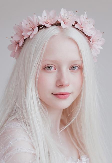 pink monochrome,

beautiful albino petite woman with albino pink eyes, russian, 23 years old, pale porcelain skin, exotic ethereal features, long hair, narrow nose, pale white mouth, eyes reflection, round eyes irises, subtle shy sweet smile, small narrow mouth, sleepy eyes, slanted eyes,

wearing translucent tulle Overlay, 

pinkish sakura blossom crown, white background photo studio,

(white and subtle soft pinkish white color palette:1.2)

ethereal lighting, 35mm close-up portrait, soft shadows, bright,

high-quality, skin textures, cinematic, natural beauty,