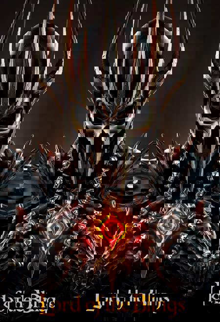 Sauron is showing his jewelry. He is wearing rings. (large necklace that is depicting a fiery eye:1.4). helmet has straight and long blades pointing up, and has two nose holes that resembles the nose of a skull, no mouth and shallow eyes. The armor is black and evil with sharp edges and spikes. All the jewelry has diamonds that glitters and shines. (Golden text "Lord of the Blings" at bottom:1.3). Inspired by Tolkien, hyperrealistic, very detailed, UHD.