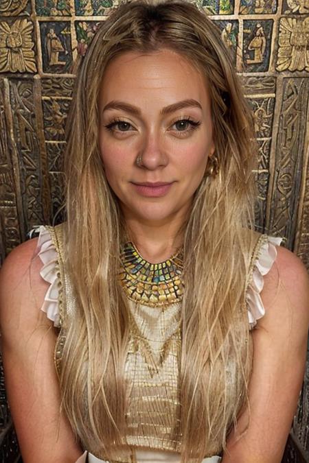 <lora:Cherry_Healey:1> masterpiece, best quality, detailed face, 1girl, solo, realistic, c1873h, long blonde_hair, egyptian costume ,  rice paddy , evening