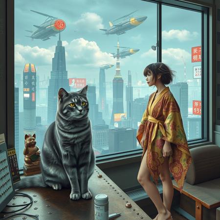 Grey tabby cat with greensits on a cluttered metal riveted desk next to a maneki neko statue and small bronze buddha, the cat is looking out to a floor to ceiling window that looks out over a futuristic cyberpunk Tokyo skyline with skyscrapers and futuristic airships covered with lights and advertisements in Japanese, a tall thin beautiful young woman, 22 years old, is standing next to the cat looking out at the city through the window, The woman is dressed in an ornate short japanese style bath robe, exposing her long legs.  The woman's hair is messy from just waking up. Artistic cyberpunk, dynamic perspective,