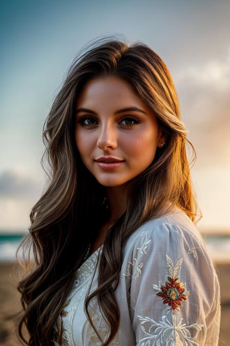 photo of beautiful (czavl1ne-130:0.99), a woman in a (shore:1.1), perfect hair, hair upsweep updo, wearing (embroidered:1.2), modelshoot style, (extremely detailed CG unity 8k wallpaper), professional majestic (photography by  massimo vitali:1.1), (Contax G1/G2 Camera), 24mm, exposure blend, hdr, faded, extremely intricate, High Detail, Sharp focus, dramatic, soft cinematic light, (looking at viewer), (detailed pupils), cute smile, 24mm, 4k textures, soft cinematic light, adobe lightroom, photolab, elegant, ((((cinematic look)))), soothing tones, insane details, hyperdetailed, low contrast