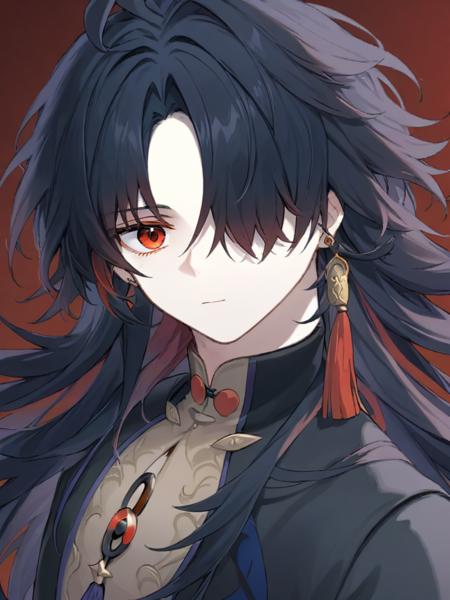 <lora:ren:1>,
1boy,long_hair,hair_over_one_eye,red_hair,jewelry,earrings,black_hair,multicolored_hair,tassel,red_eyes,