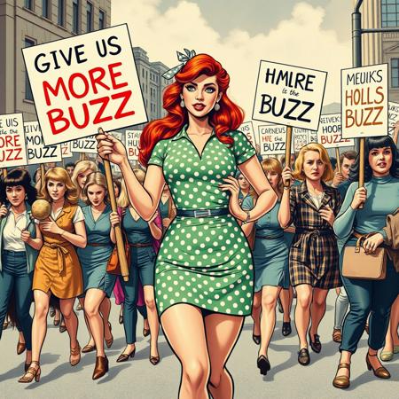Retro pin-up poster depicting a feminine curvy woman leading a protest march, clad in 1960s style green polkadots mini dress, ribbon over her ombre long hair (ginger to copper, orange, auburn),, holding a sign that says "GIVE US MORE BUZZ".
Many angry women, holding placards demanding BUZZ, some (carrying <kitchen utensils, rolling pins, large tools>)
