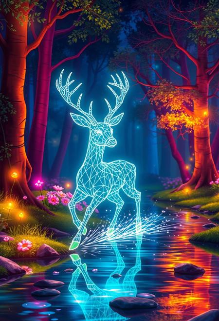 A magical forest in bold, saturated colors, where trees glow with bioluminescence.﷿速镜头﷿随 a glowing wireframe deer with intricate white grid lines forming its body and antlers, running in a stream, there are glowing flowers and floating sparkles. The lighting shifts with bursts of radiant color, casting soft glows and colorful flares. reflections shimmer across a crystal-clear stream. The scene maintains a whimsical, fluid rhythm, with smooth animation and a painterly visual style