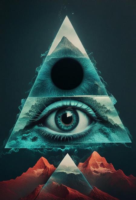 mountain, surreal,  double exposure, dark and moody ,colored all seeing eye pyramid  made of qu4ntum, film grain,high quality,  dramatic ,poster, mugshot wall, nvcmsdx