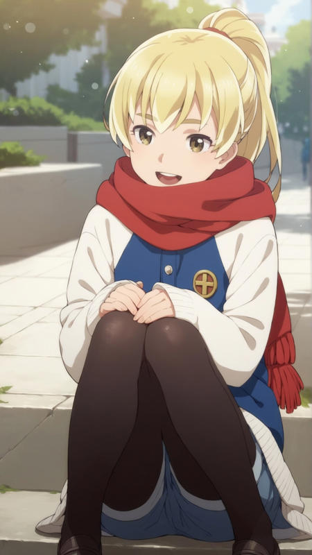 anzu_hinamatsuri anzu_hinamatsuri, an anime girl,  1girl, solo, long hair, smile, open mouth, blonde hair, jacket, ponytail, pantyhose, shorts, scarf, black pantyhose,  anzu_hinamatsuri, an anime girl,  1girl, solo, blonde hair, shirt, sky, day, belt, cloud, side ponytail, white jacket, black shirt anzu_hinamatsuri, an anime girl,  1girl, solo, long hair, blonde hair, full body, sandals, pajamas anzu_hinamatsuri, an anime girl,  1girl, solo, long hair, blonde hair, outdoors, day,