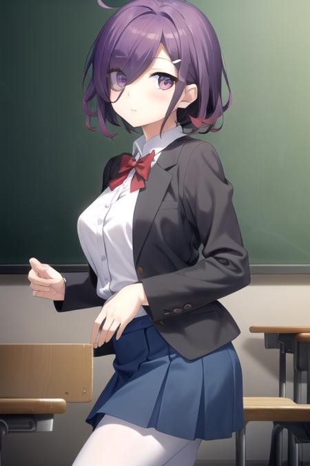 Nemuribuka Maruri ahoge,short hair,purple hair,hair ornament,hairclip,hair over one eye,bangs,purple eyes black jacket,open jacket,collared shirt,white shirt,red bowtie,long sleeves,medium breasts,blue skirt,white pantyhose,loafers