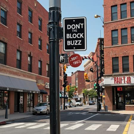 This photograph depicts a rectangular street sign mounted on a pole in an urban setting. The sign features bold black text "DON'T BLOCK THE BUZZ" and a red, stylized road crossing symbol. The background shows a mix of brick buildings and storefronts with awnings. A yellow traffic light is visible to the top left of the sign. The image captures a sunny day with clear skies, enhancing the vibrant colors.