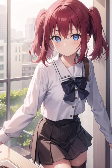 rubykurosawa, <lyco:rubykurosawa-lyco-nochekaiser:1>, 
ruby kurosawa, aqua eyes, medium hair, red hair, two side up, twintails, (flat chest:1.2), 
BREAK black socks, bow, bowtie, brown footwear, buttons, grey sailor collar, grey skirt, loafers, long sleeves, miniskirt, pleated skirt, sailor collar, school uniform, serafuku, shirt, shoes, skirt, uranohoshi school uniform, white shirt, winter uniform, yellow bow, yellow bowtie,
BREAK looking at viewer, 
BREAK indoors, classroom, 
BREAK <lyco:GoodHands-beta2:1>, (masterpiece:1.2), best quality, high resolution, unity 8k wallpaper, (illustration:0.8), (beautiful detailed eyes:1.6), extremely detailed face, perfect lighting, extremely detailed CG, (perfect hands, perfect anatomy),