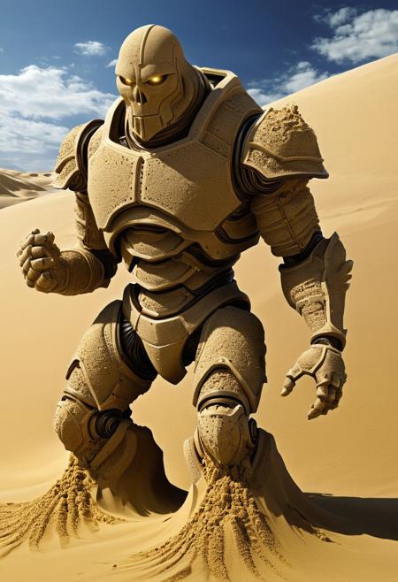 Contemporary Concept Art., Surrealism, humanoid sand golem, Highly Detailed, CGI, Flux, Action Pose