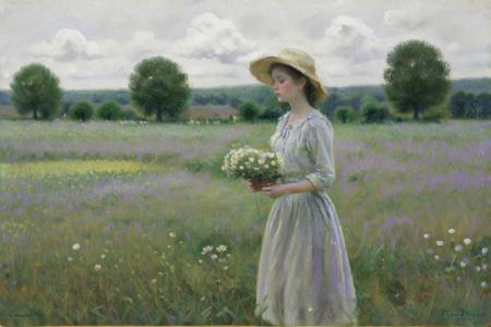 ClaudeMonet, outdoors, field, tree, sky, flower, cloud, hat, day, scenery, 1girl, dress, grass, cloudy sky, flower field, blue sky,close up