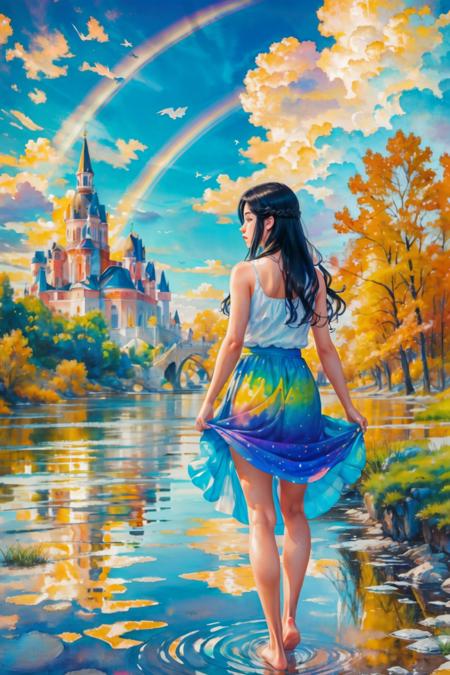 masterpiece, best quality, absurdres, illustration, watercolor, 1girl, solo, long hair, black hair, dress, skirt hold, wading, sleeveless, barefoot, bare shoulders, standing, from behind, outdoors, cloud, sky, bird, water, rainbow,