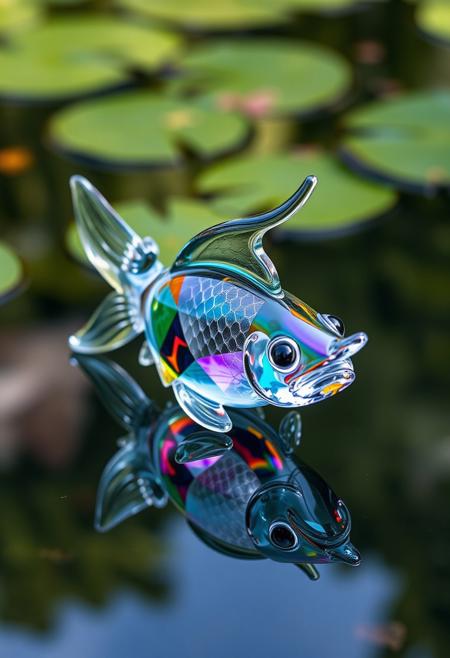 glass fish, made of glass, completely transparent, reflective iridescent surface, glass art, colorful, translucent, floating on the surface of the pond, 
best quality, sharp focus, high contrast, colorful, ultra quality, 8k, best quality,