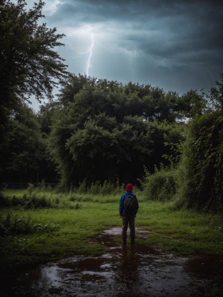RAW photo, young european boy standing (back to  the viewer) in front of a (desolated, moos overgrown mosque)) in ((trying apocalyptic overgrown city)), plant covered crumbling houses, overgrown traffic lights, destroyed cars full of plants, and a zombies outbreak in a small town  ((night light, storm, rain, lightning)), (high detailed skin:1.2), 8k uhd, dslr, soft lighting, high quality, film grain, Fujifilm XT3