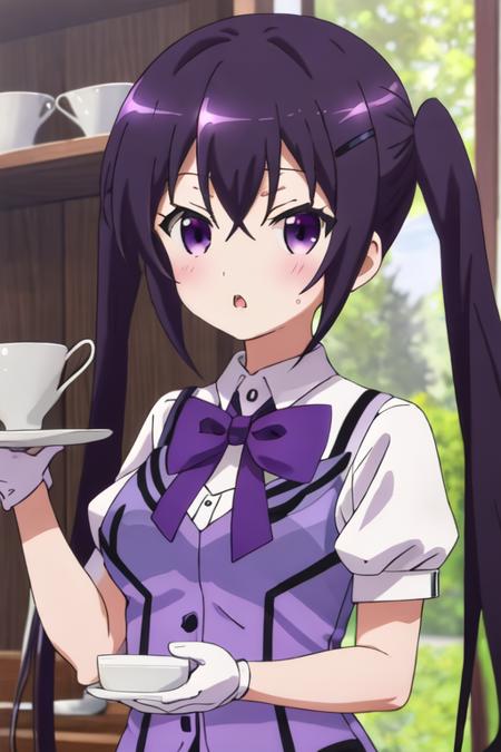 best quality, masterpiece, highres, solo, {tedeza_rize_istheorderarabbit:1.15}, purple_hair, long_hair, twintails, purple_eyes, bangs, hair_ornament, blush, hairclip, hair_between_eyes, closed_mouth, indoors, 1girl, :o, bow, bowtie, collared_shirt, open_mouth, purple_bow, purple_bowtie, purple_vest, rabbit_house_uniform, shirt, vest, white_shirt, looking_at_viewer, shiny, shiny_hair, upper_body, wing_collar, short_sleeves, breasts, waitress