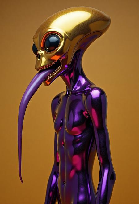 abstract male alien model in latex shiny full body outfit  avant-garde style with reflective gold and purple bold Color Scheme   He has a small nose and slim mouth with a long tongue