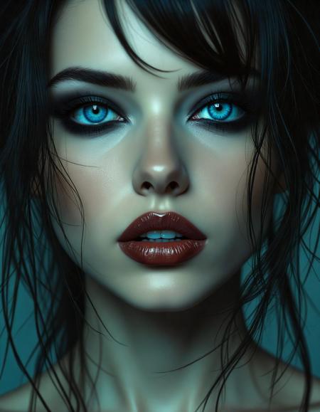 (dark mood masterpiece Photography:1.2), portrait of a mysterious woman with blue eyes and bold eyeliner, she has sensuous lips, looking seductively, naughty, shy smirking. The extreme realism focuses on her detailed skin, showing fine textures and natural highlights. photography masterpiece, modern, irresistible beauty, fuzzy lighting, dark mood, unusual composition, use of negative space, (rule of thirds composition), simmetry , mysteriouse, emotional, flirting, (fine erotic content:0.65), groundbreaking unrivaled opus with unrivaled details, (Petrol color scheme), highly detailed, melancholic, low-light hyper detailed photography, catchlights, extreme close-up shot,style by luis royo