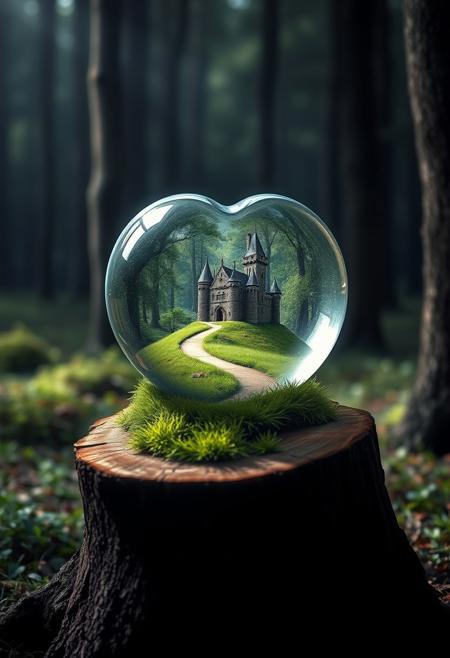 In the dark old forest, on a large sawn tree stump, stood a heart-shaped crystal ball. Inside the crystal ball was an old castle, surrounded by green grass, and a winding path in the grass led directly from the stump to the castle. Background blurring, stage lighting, illusory light spots.