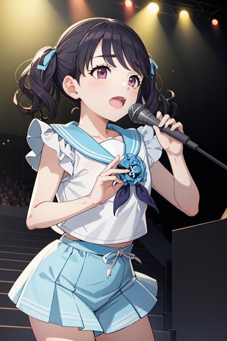 masterpiece, best quality, ultra-detailed, illustration, 1girl, fukumaru koito, medium hair, black hair, purple eyes, twintails, hair ribbon, sailor collar, white shirt, blue skirt, miniskirt, short sleeves, idol, singing, on stage <lora:brj-koito-v1:1> <lyco:GoodHands-beta2:1.0>