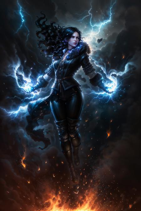 (masterpiece, best quality:1.2),  <lora:yennefer-17:0.7>, yenW3_soul3142, 1girl, floating, solo, long hair, black hair, floating hair, black jacket, fur trim, pants, gloves, full body, boots, magic, electricity, thunder, embers, smoke, fantasy, black theme