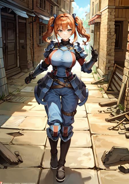 (masterpiece), best quality, 1 girl,solo, large breasts, looking at viewer, twintail, orange hair, shoulder armor,  looking at viewer,  gallia_uniform,  <lora:gallia_uniform_80:0.6>, street, ruins, pants,