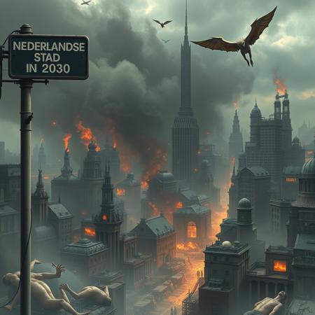 high quality, 8K Ultra HD, This artwork envisions a metropolis after apocalypse where elements of Royo's dark fantasy and BeksiAski's (nightmarish:1.5), (scary:1.5), (hellish:1.5), surrealism converge, Escher's influence is subtly incorporated, transforming the city into an intricate, disturbing, hellish and mind-bending spectacle, (scary beings and SPIRITS:1.3) FLYING IN THE SKY OF THE CITY AND (EATING PEOPLE:1.4); Stark contrasts between light and dark enhance the dreamlike quality of the scene, creating an unsettling atmosphere of death, yet captivating urban dreamscape, photorealistic, ultra realistic and apocalyptic nature of the city, dead and mutilated human bodies in the background. A sign top left corner shows a text : "Nederlandse stad in 2030".