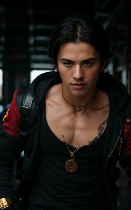 cinematic film still ((best quality)), ((masterpiece:1.2)), (detailed:1.2), Anime-style portrait, young male character, profile view, messy black hair, determined expression, red open-front shirt, gold buttons, X-shaped scar on chest, round yellowish-brown backpack, dramatic red gradient background, bold lines, vivid colors, traditional anime style.
  <lora:epi_noiseoffset2:1> <lora:sarah:0.7> . shallow depth of field, vignette, highly detailed, high budget, bokeh, cinemascope, moody, epic, gorgeous, film grain, grainy