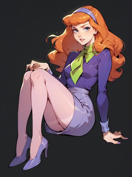 daphne blake, 1girl, solo, hairband, long hair, pantyhose, orange hair, dress, high heels