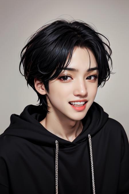 ((1man)),wooseok, solo, short hair, male, looking at viewer, smile, open mouth, black hair, upper body, male focus, teeth, black eyes, broad shoulders, black hoodie,  realistic, hyper detail, hyper realistic, Portrait, Long shot, portrait photo, hyper realistic, <lora:Wooseok:1>