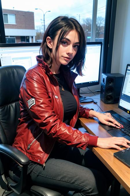 maghla, a woman, jacket, playing games on her computer  <lora:maghla-000006:1>