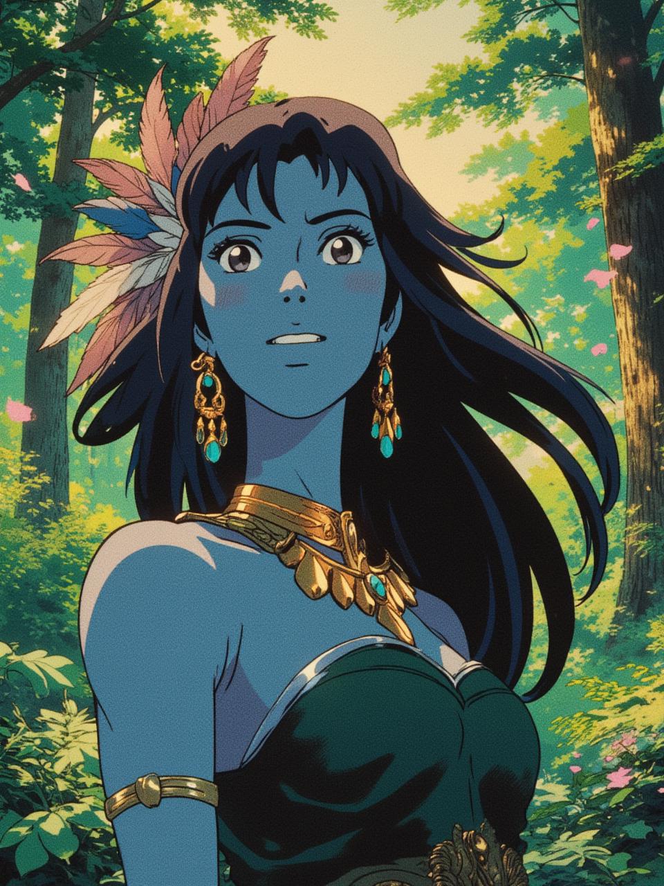 Close-up portpait. A vibrant, hyper-realistic depiction of a mystical forest scene, showcasing a regal woman figure with blue skin standing confidently amidst tall, lush trees. The background features soft, dappled sunlight filtering through the dense foliage, creating an enchanting atmosphere. The figure is adorned with intricate jewelry, including a necklace and earrings that shimmer with gold and turquoise accents. Their long, flowing black hair is partially adorned with a feathered headdress, blending beautifully with the natural surroundings. The color palette incorporates rich greens, deep blues, and warm golds, enhancing the mystical feel of the environment. The overall aesthetic combines elements of fantasy and cultural symbolism, exuding a sense of strength and harmony with nature. Miyazaki 1990s anime art <lora:Miyazaki v2:0.8> <lora:fca_style_32:0.6> <lora:RetroAnimeFluxV1:0.8>