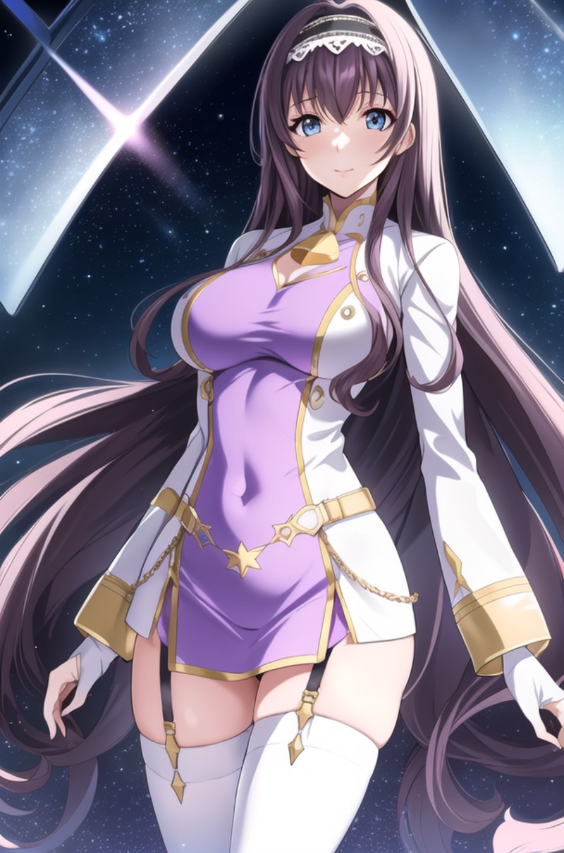 light_particles,star_\(sky\), starry_sky_print,
Standing at attention, (close-up),
purple outfit and gold trims,long_sleev...