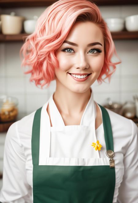 a closeup portrait of a playful maid, undercut hair, apron, amazing body, pronounced feminine feature, busty, kitchen, [ash blonde | ginger | pink hair], freckles, flirting with camera